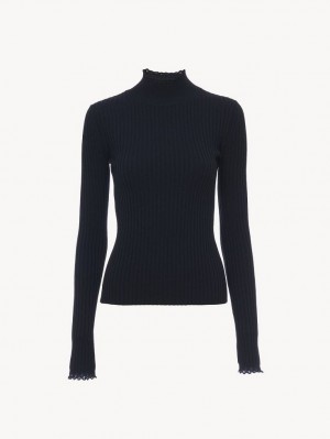 Chloe Fitted High-neck Gebreide Kleding Donkerblauw | CHE-SR13960