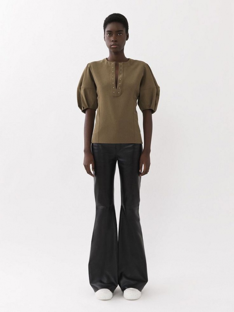 Chloe Balloon-sleeve Topjes Khaki | CHE-SR13899