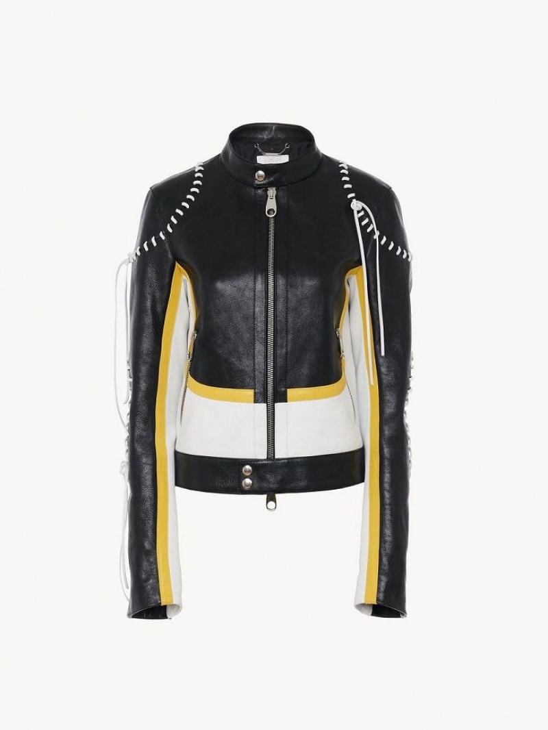 Chloe Biker Jacket Leather Zwart Geel | CHE-SR14108