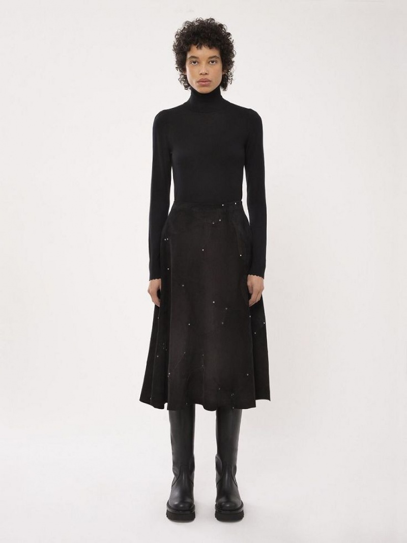 Chloe Flared Midi Skirt Leather Zwart | CHE-SR14121
