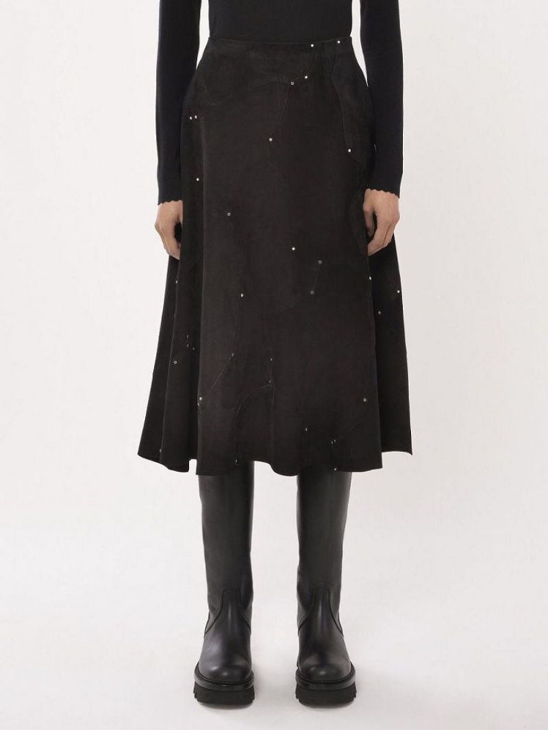 Chloe Flared Midi Skirt Leather Zwart | CHE-SR14121