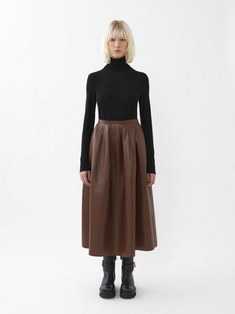 Chloe Gathered Mid-length Skirt Leather Koffie | CHE-SR14116