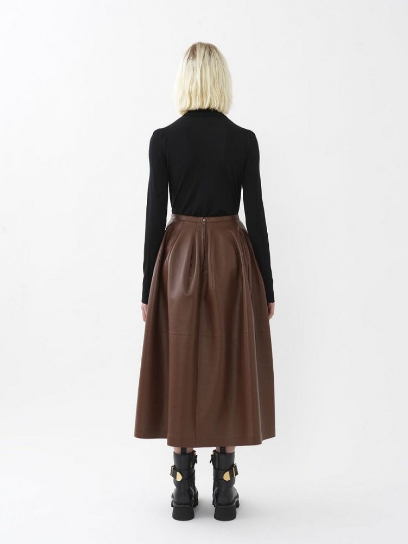 Chloe Gathered Mid-length Skirt Leather Koffie | CHE-SR14116