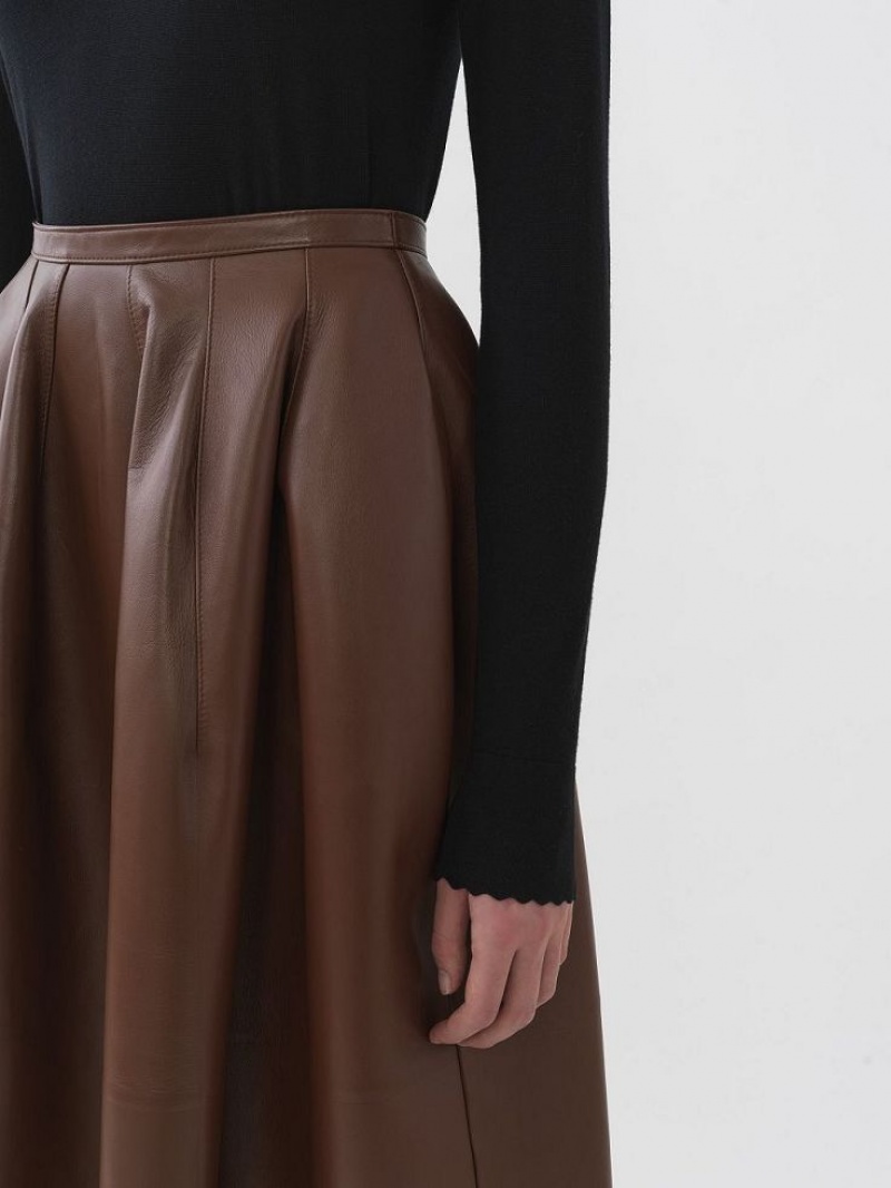 Chloe Gathered Mid-length Skirt Leather Koffie | CHE-SR14116