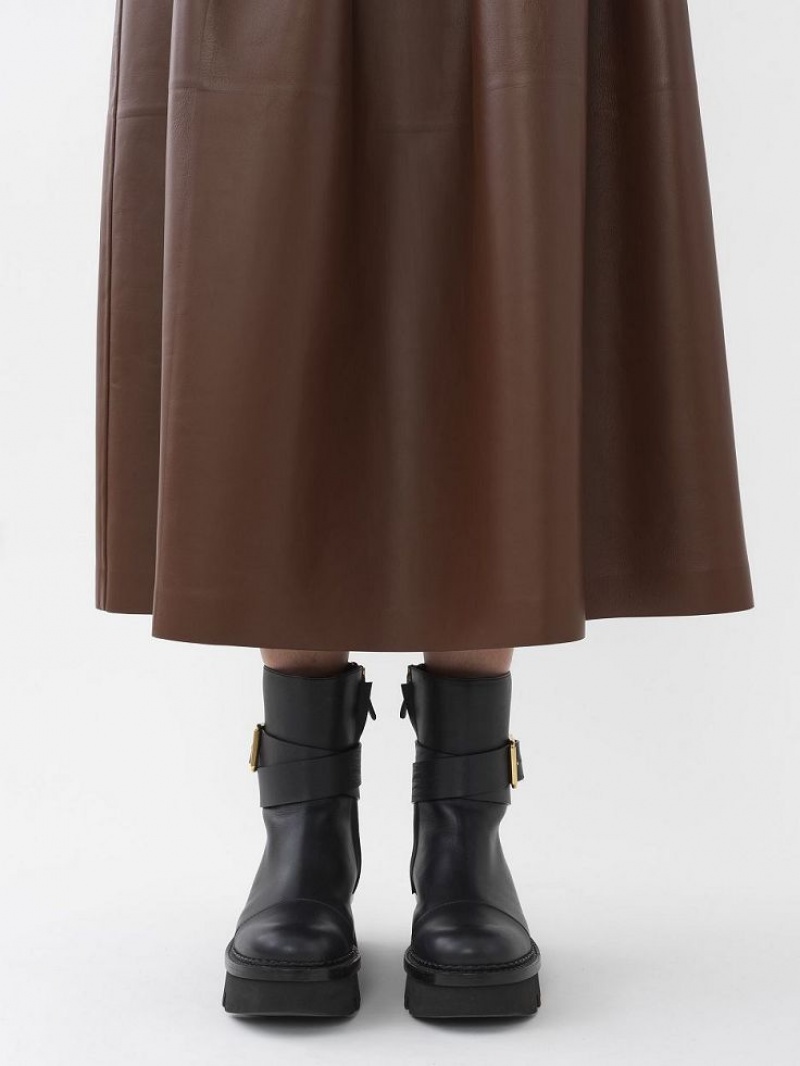 Chloe Gathered Mid-length Skirt Leather Koffie | CHE-SR14116