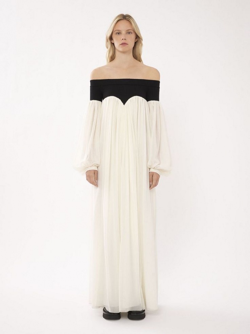 Chloe Off-the-shoulder Maxi Jurk Zwart Wit | CHE-SR13857