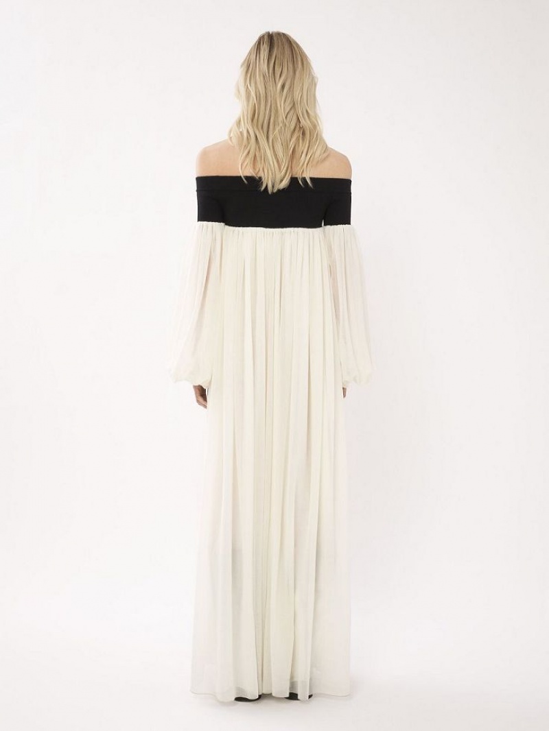 Chloe Off-the-shoulder Maxi Jurk Zwart Wit | CHE-SR13857