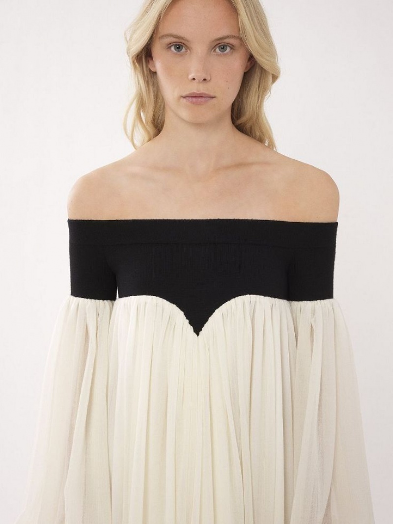 Chloe Off-the-shoulder Maxi Jurk Zwart Wit | CHE-SR13857