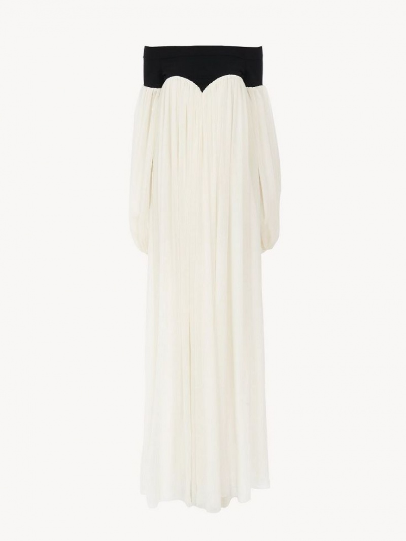 Chloe Off-the-shoulder Maxi Jurk Zwart Wit | CHE-SR13857